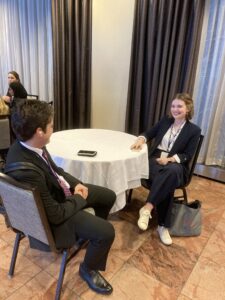Head Delegate Samantha Schatzman ’24 (right) chats with teammate Tucker Davis ’24 at the 2024 Model UN simulation. 